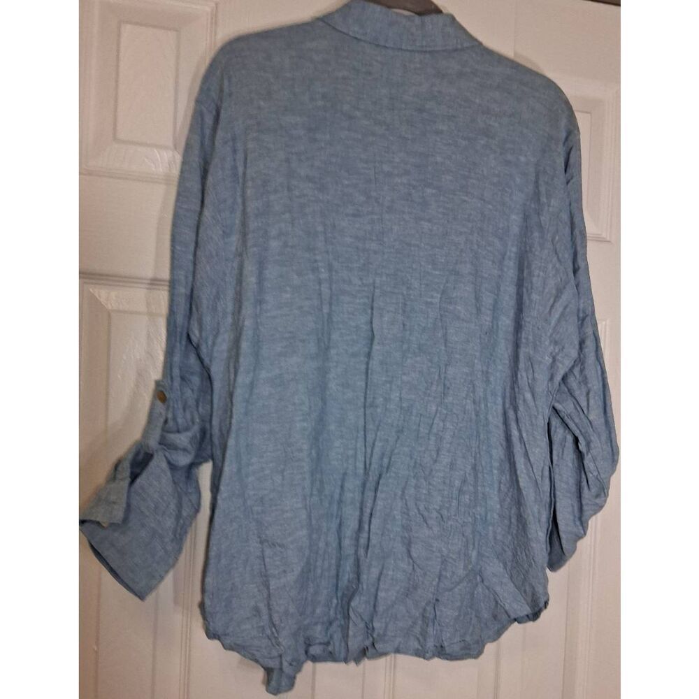 Susan graver womens large linen shirt blue tab sleeve shirt with side pockets - Picture 4 of 8